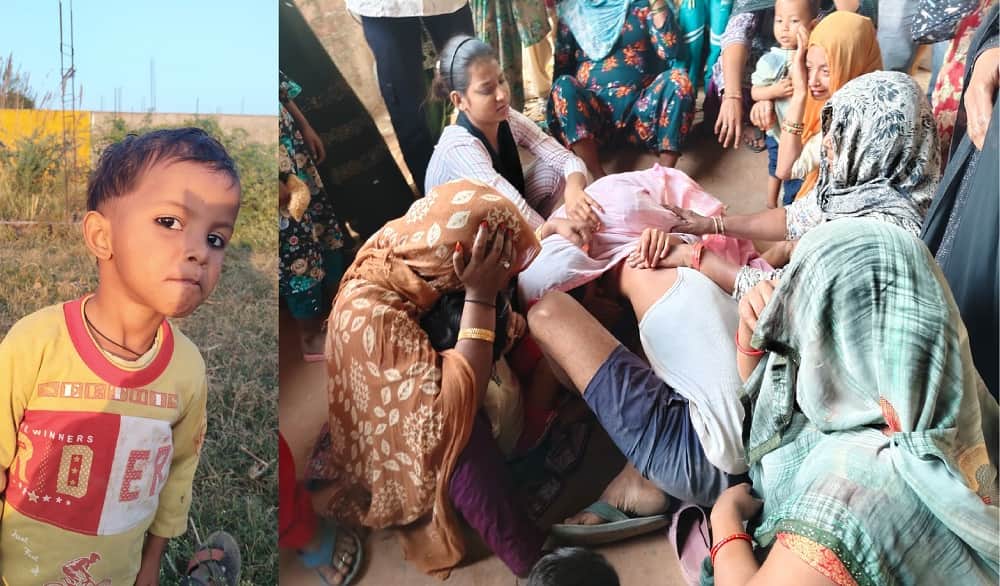 मृतक मासूम की फाइल फोटो और रोते-बिलखते परिजन