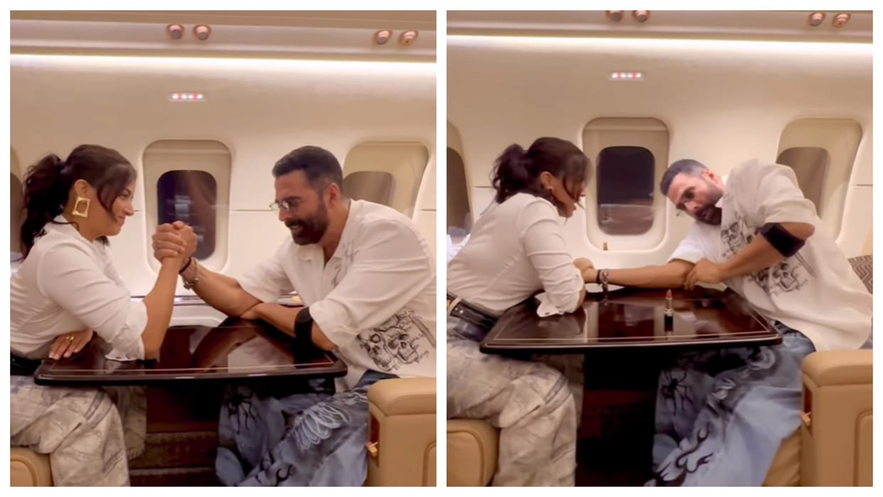 Wamiqa Gabbi Beats Akshay Kumar In Fun Arm Wrestling Match At Bhooth Bangla Promotions see viral video