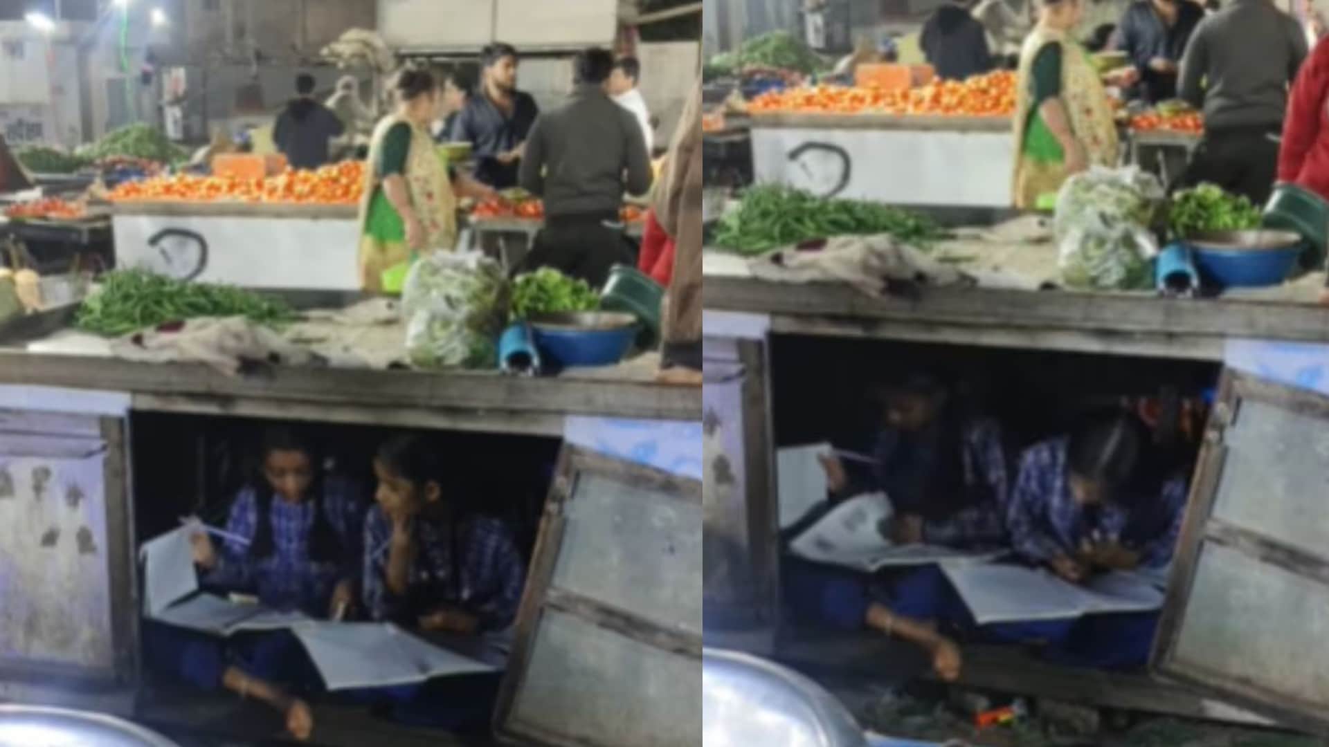 पढ़ने का जुनून, नहीं मिली जगह तो ठेले के नीचे बैठकर पढ़ने लगीं बच्चियां