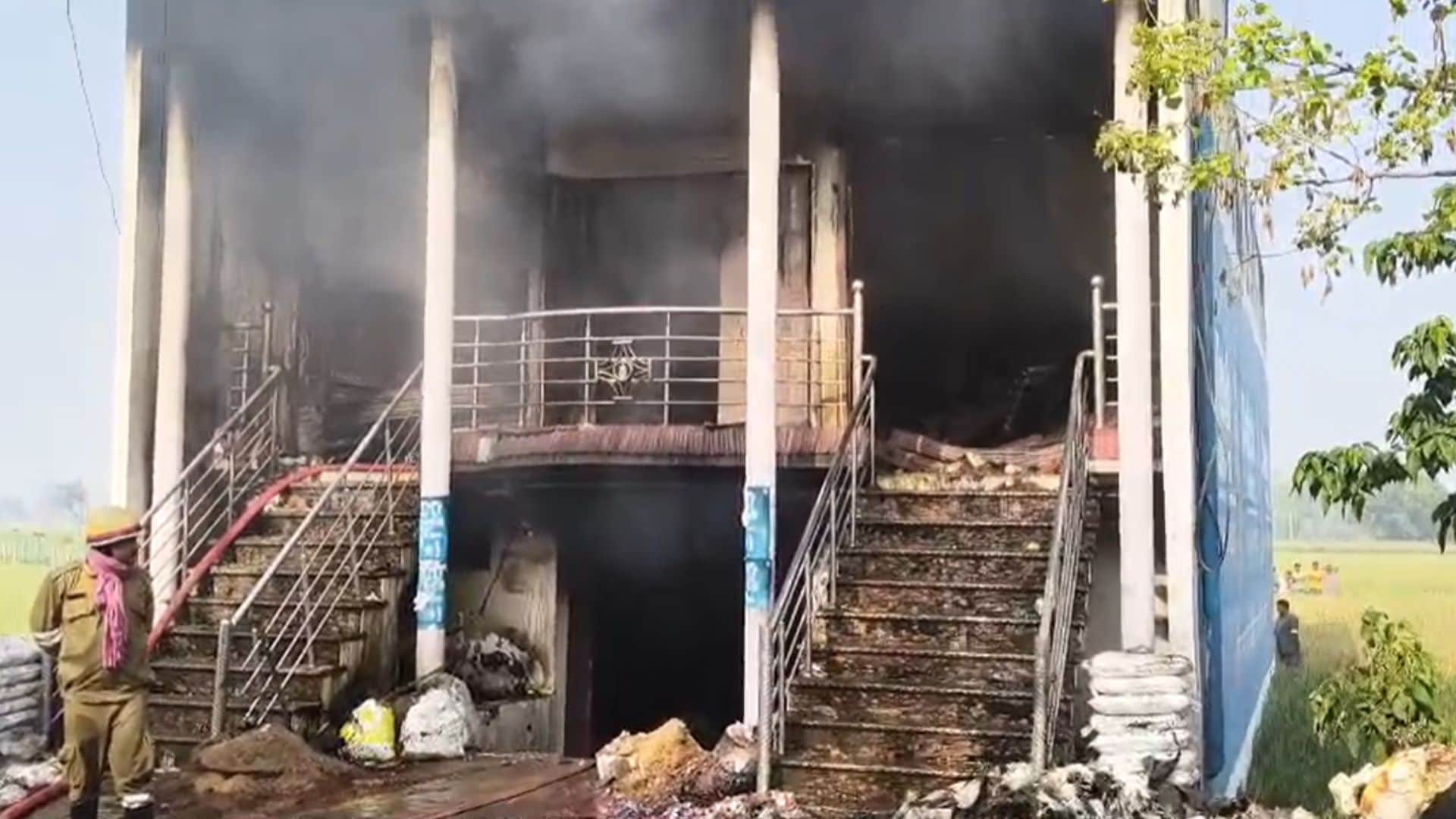 Fire breaks out in two-story house mother and son died from burns husband injured in ballia