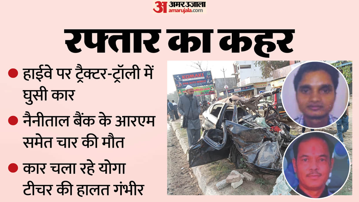 Car crashes into tractor-trolley on highway four dead including Nainital Bank Regional Manager IN MORADABAD