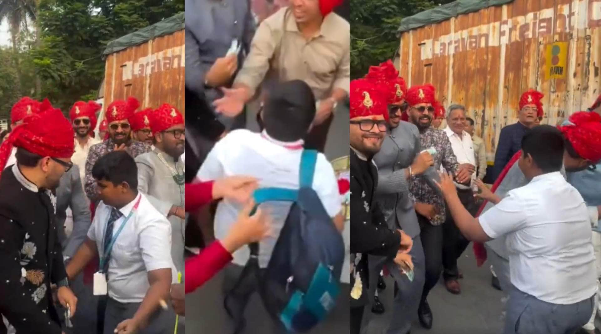 यूनिफॉर्म और बैग के साथ बरात में डांस करता लड़का