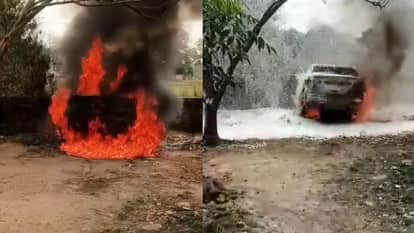Haridwar: Massive Fire Engulfs Car Parked Near Underpass in Jwalapur; Panic Ensues as Flames Erupt