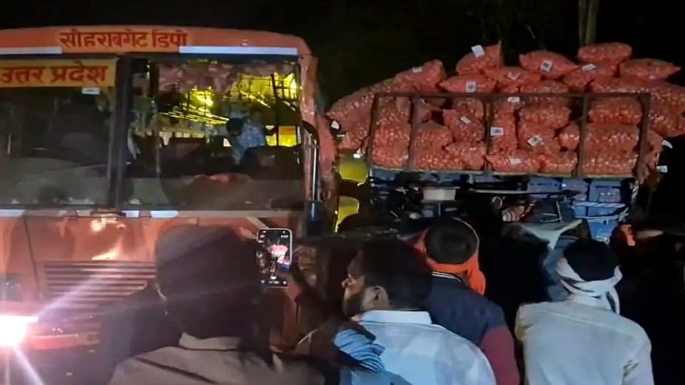 Roadways bus and potato laden tractor trolley collided