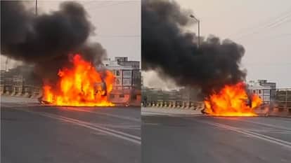 A moving car in Raipur bursts into flames, driver's presence of mind averts a major accident