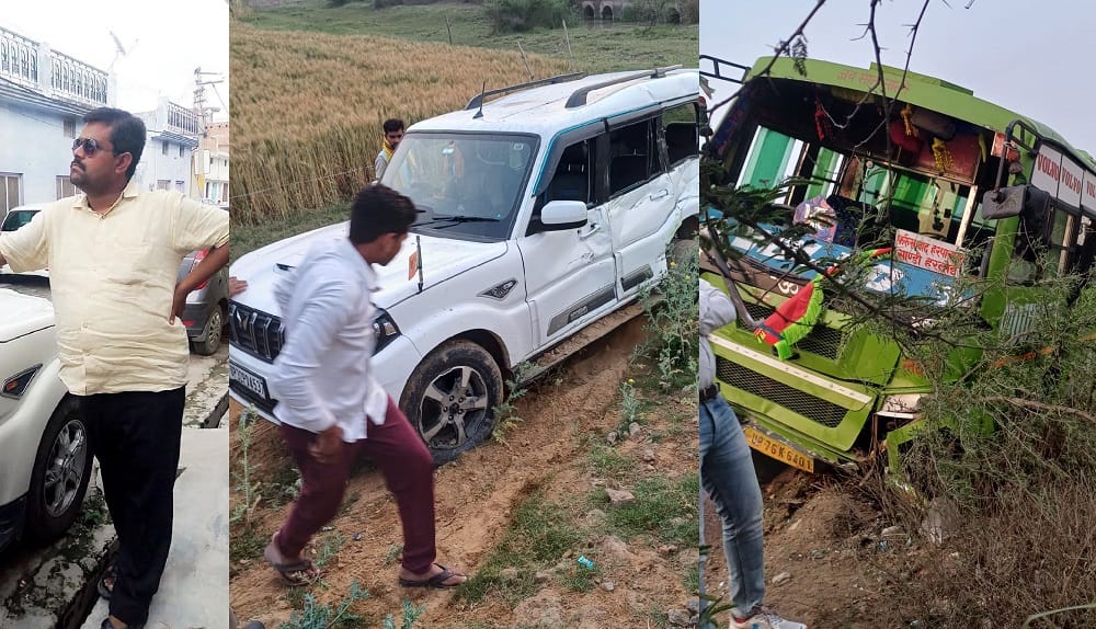 Hardoi Accident Violent Collision Between Scorpio and Bus Both Vehicles Overturn into Ditch Contractor Dies