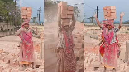 Falguni pathak viral song sawan me Woman worker dancing with several bricks on her head video goes viral
