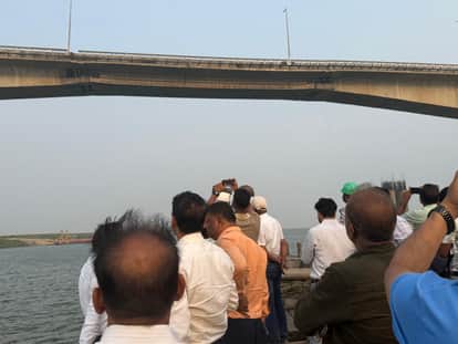 protective walls around pillars number 17 to 19 of vikramshila bridge over Ganga river in bhagalpur Bihar