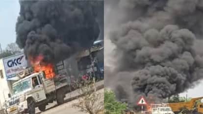 Road marking machine catches fire, major accident averted due to driver presence of mind in Raipur