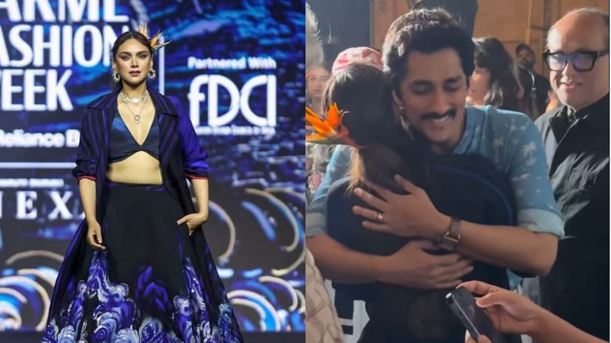 Siddharth Hugs Wife Aditi Rao Hydari As She Closed Runway In Midnight Blue Lehenga video viral