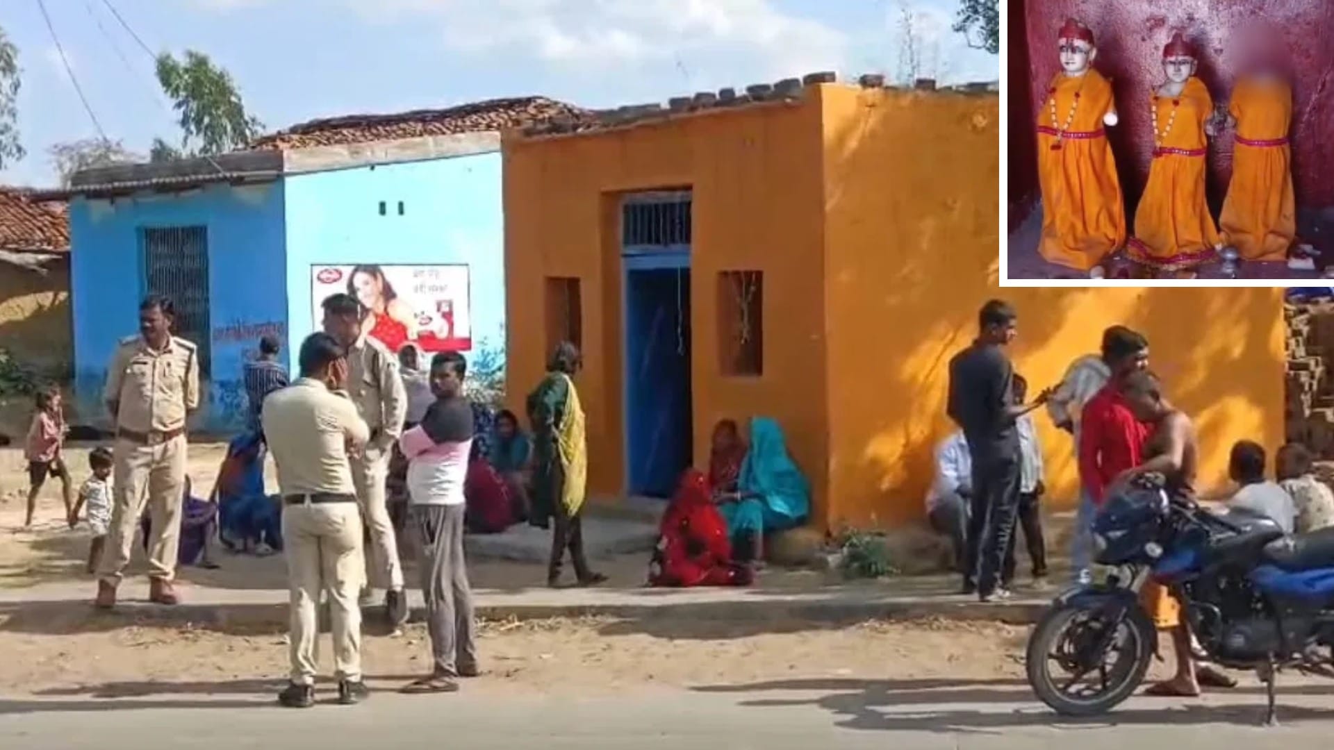 मूर्ति क्षतिग्रस्त होने के बाद गांव में तैनात पुलिस।