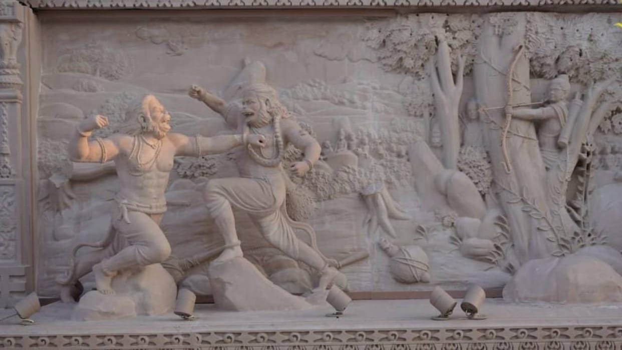 Ayodhya: Divine murals from Ramayana carved on the lower plinth of Ram Temple
