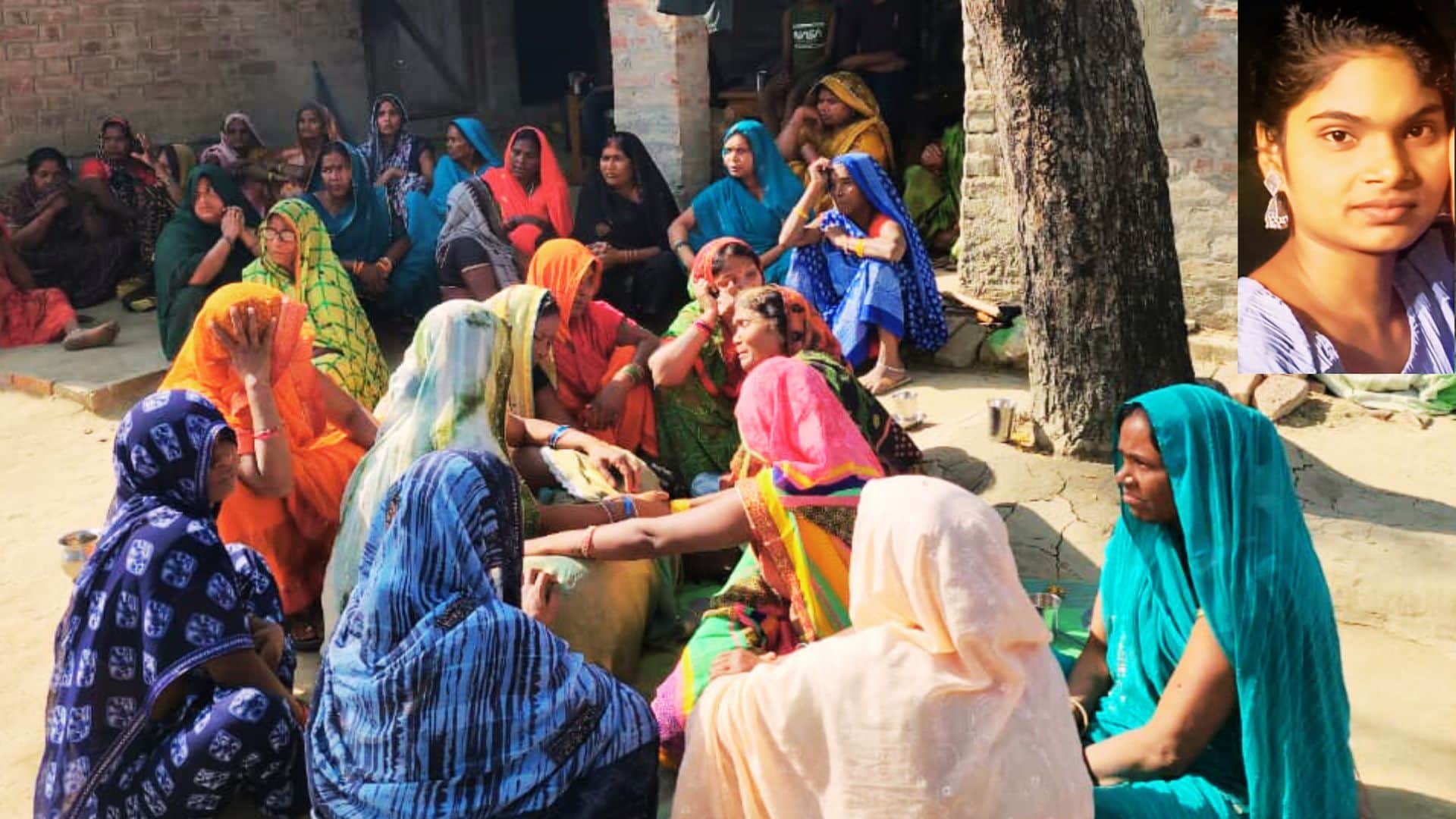 ब्यूटी की फाइल फोटो और घर पर विलाप करतीं महिलाएं।