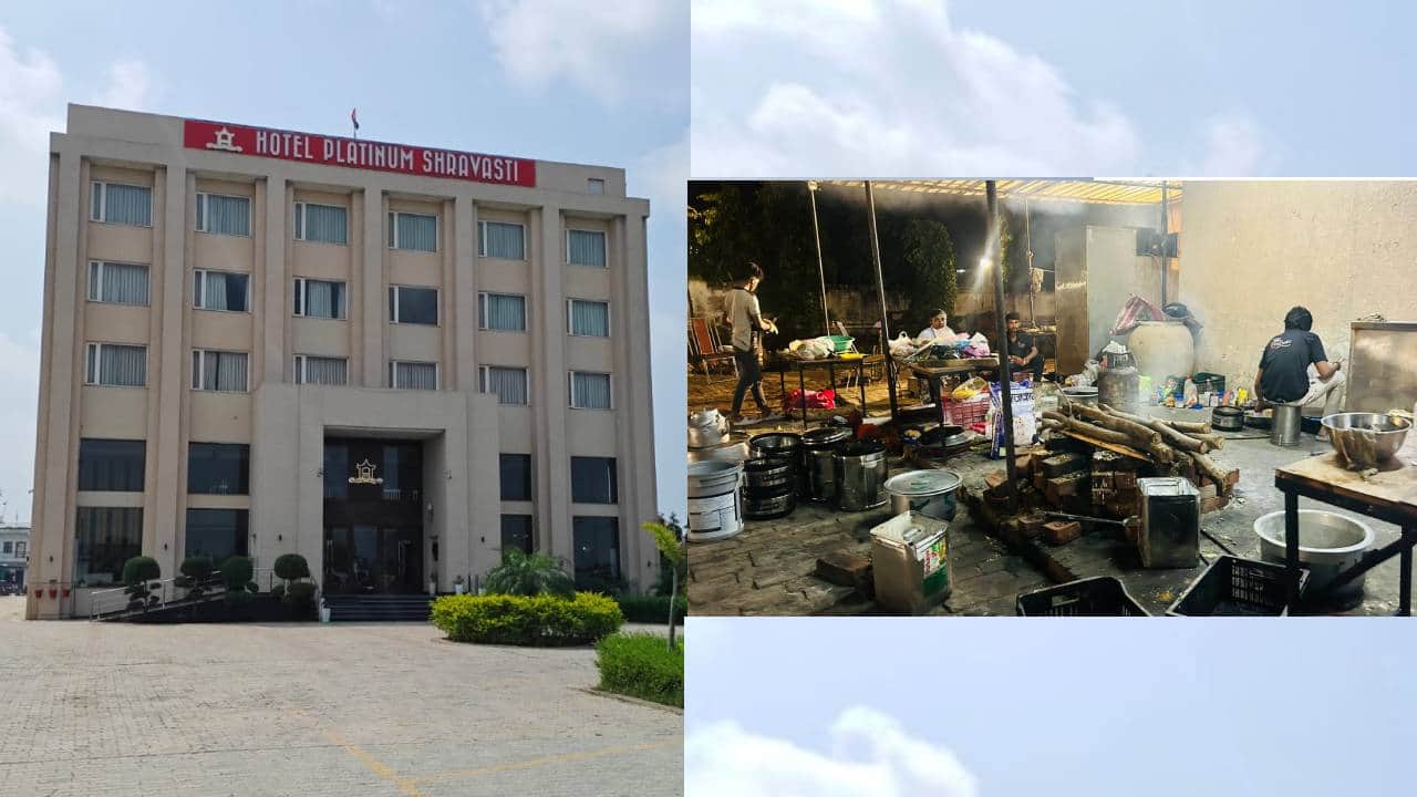 होटल में लकड़ी पर बन रहा खाना।