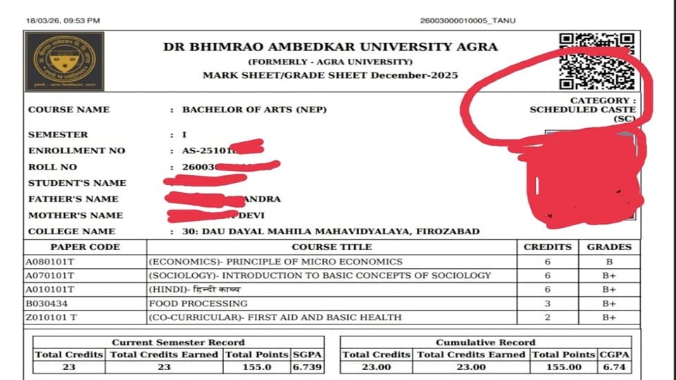 Agra University Marksheets Show Caste Instead of Category
