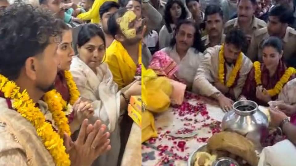 बांकेबिहारी मंदिर में पत्नी संग दर्शन करते क्रिकेटर कुलदीप यादव।