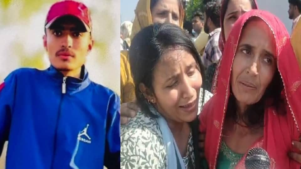 अभि की फाइल फोटो और विलाप करतीं मां व बहन।