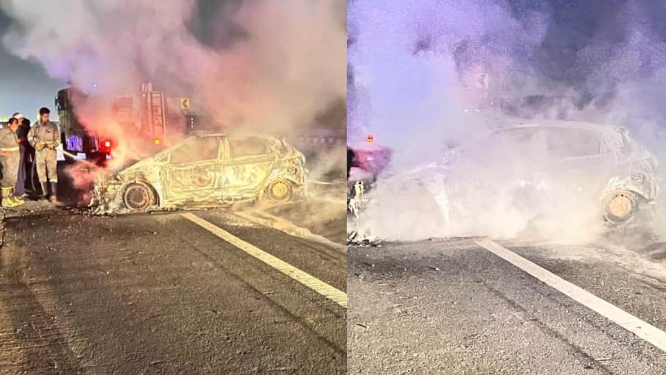 Car fire on Delhi-Meerut Expressway Vehicle Crashes into Divider After Hitting Truck Massive Explosion in CNG