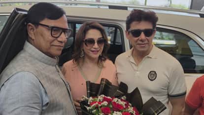 Madhuri Dixit Arrives in Kashi Welcomed at Babatpur Airport