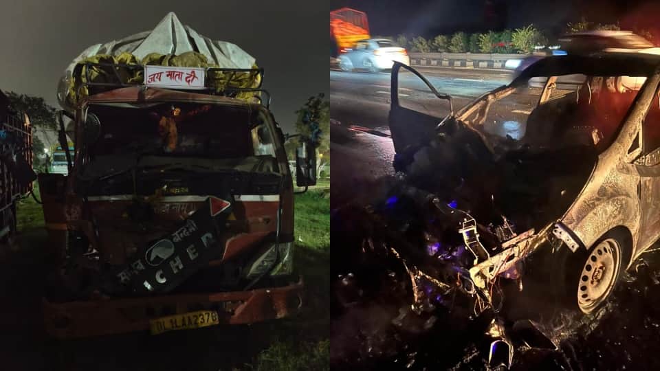Car fire on Delhi-Meerut Expressway Vehicle Crashes into Divider After Hitting Truck Massive Explosion in CNG