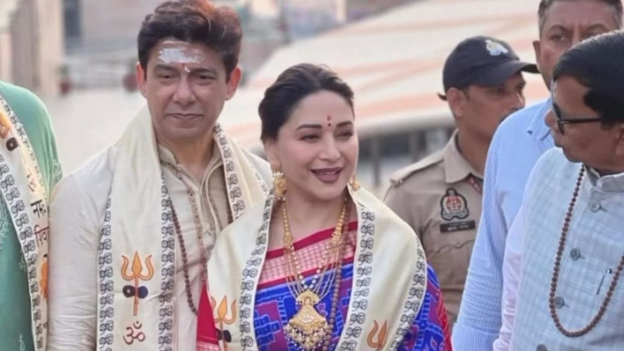 Madhuri Dixit offered prayers at Kashi Vishwanath Dham with her husband Shriram Nene in Varanasi