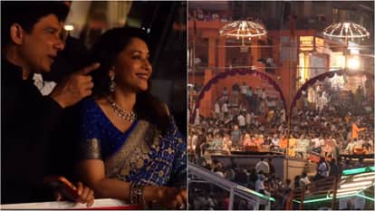 Madhuri Dixit Visit Varanasi with husband Shriram Nene offered prayer at Kashi Vishwanath Temple shares video