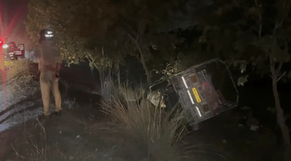 A speeding pickup truck's tyre bursts, crushing bike riders and overturning, killing three in Bahraich.