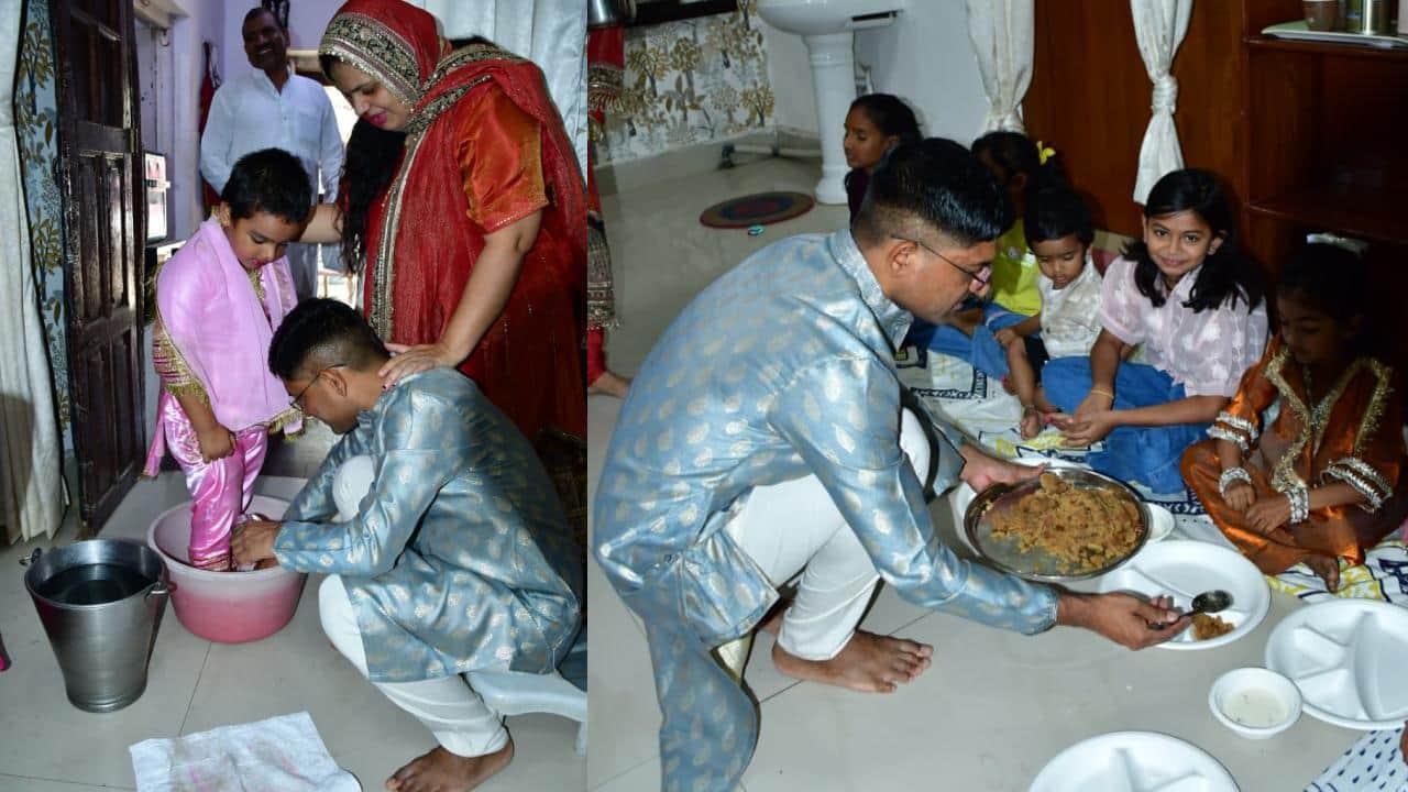 कन्याओं का पूजन करते पत्नी के साथ एसपी मोहम्मद मुश्ताक।