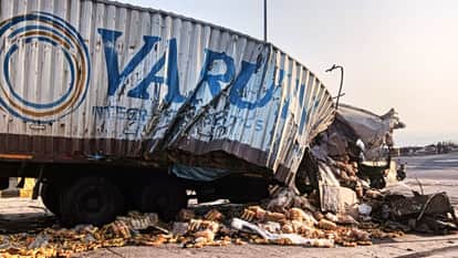 UP Accident Second Container Rams into Container Ahead in mirzapur Two Dead Two Motorcyclists Injured