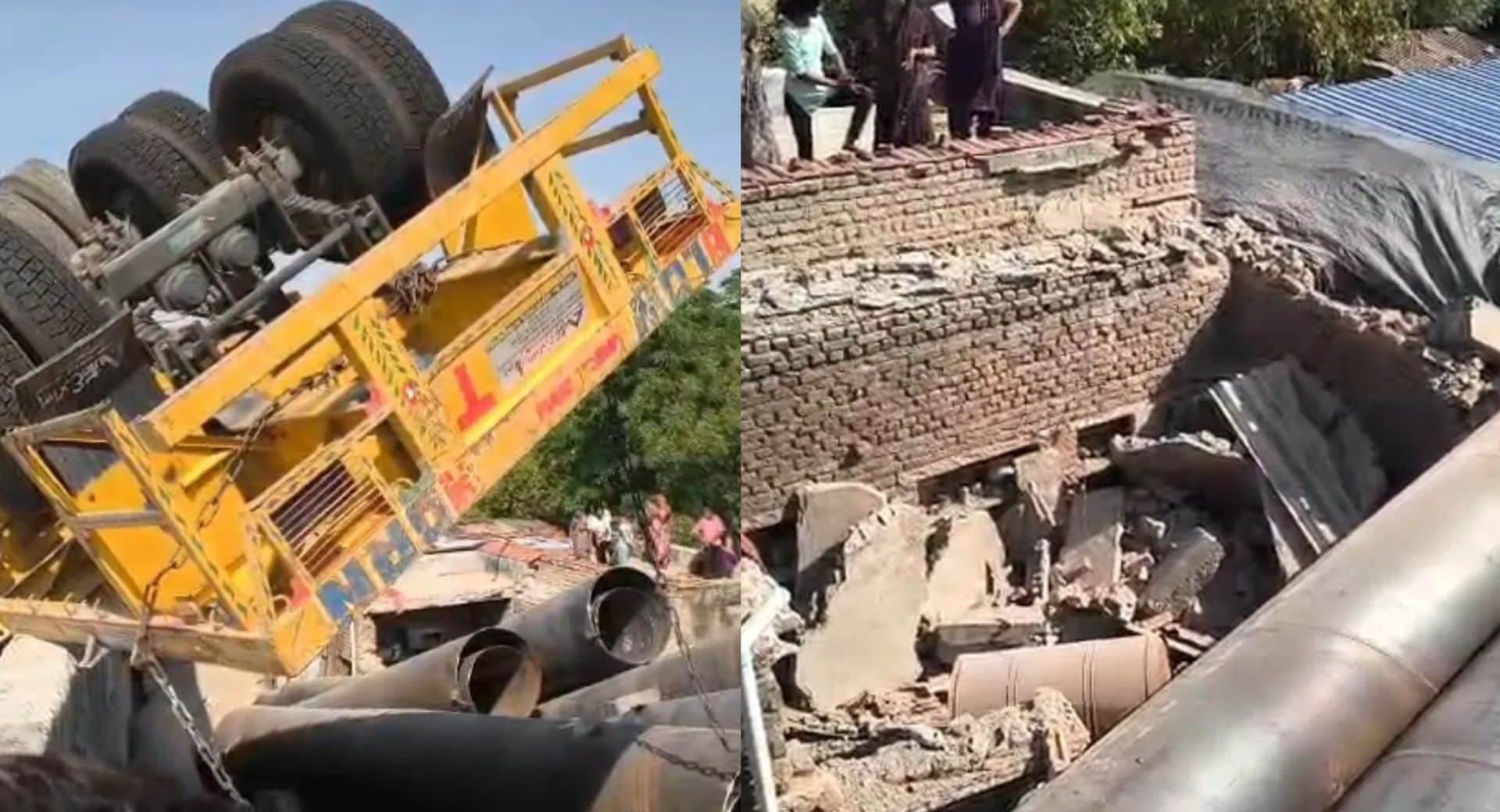 ट्रेलर में भरे लोहे के पाइप पुलिया के नीचे बने दो मकानों पर जा गिरे