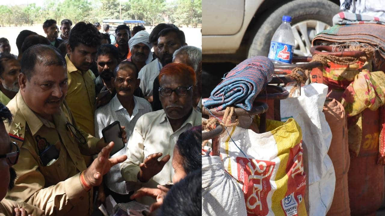 सिलिंडर न मिलने पर हंगामा करने वालों को समझाती पुलिस व सिलिंडर के साथ रखी चटाइयां।