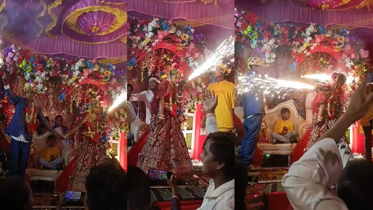 Bride groom sparkle gun fight in stage people says wedding not welding video goes viral