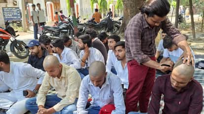 UP College Surya murder case Students shaved heads to protest for removal of principal
