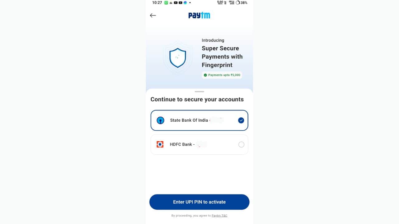 how to setup fingerprint biometric payment authentication on Paytm step by step process