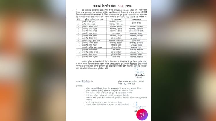 Police Transfer: सीतामढ़ी में बड़ा पुलिस फेरबदल, 16 अधिकारियों का हुआ तबादला; आठ थानाध्यक्ष बदले गए