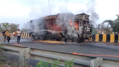 Truck Parked on Overbridge Suddenly Catches Fire Vehicle and Rice Cargo burn in Mirzapur