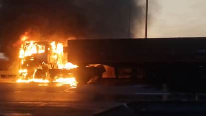 Uncontrolled truck hits divider on overbridge bursts into flames in Ghazipur