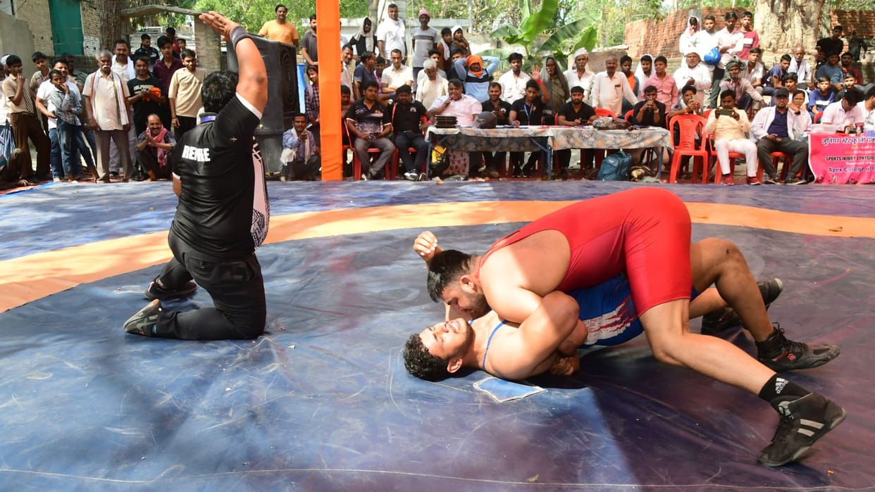 Wrestling weight category Lakshya pins Ankit of Chandauli using Banarasi Multani move