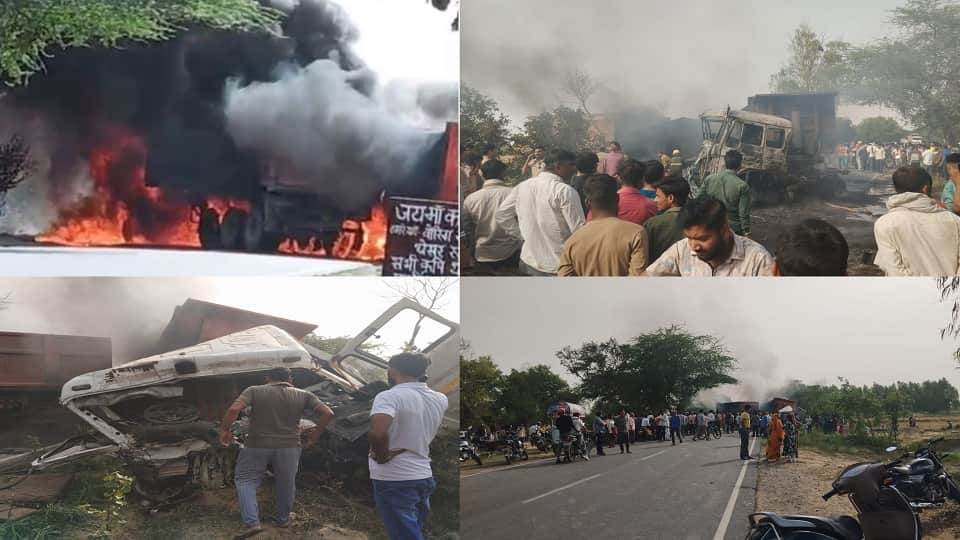 दो डंपरों में लगी भीषण आग।