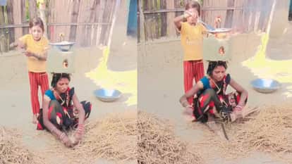 woman Made roti with a burning stove on his head reels video goes viral on social media