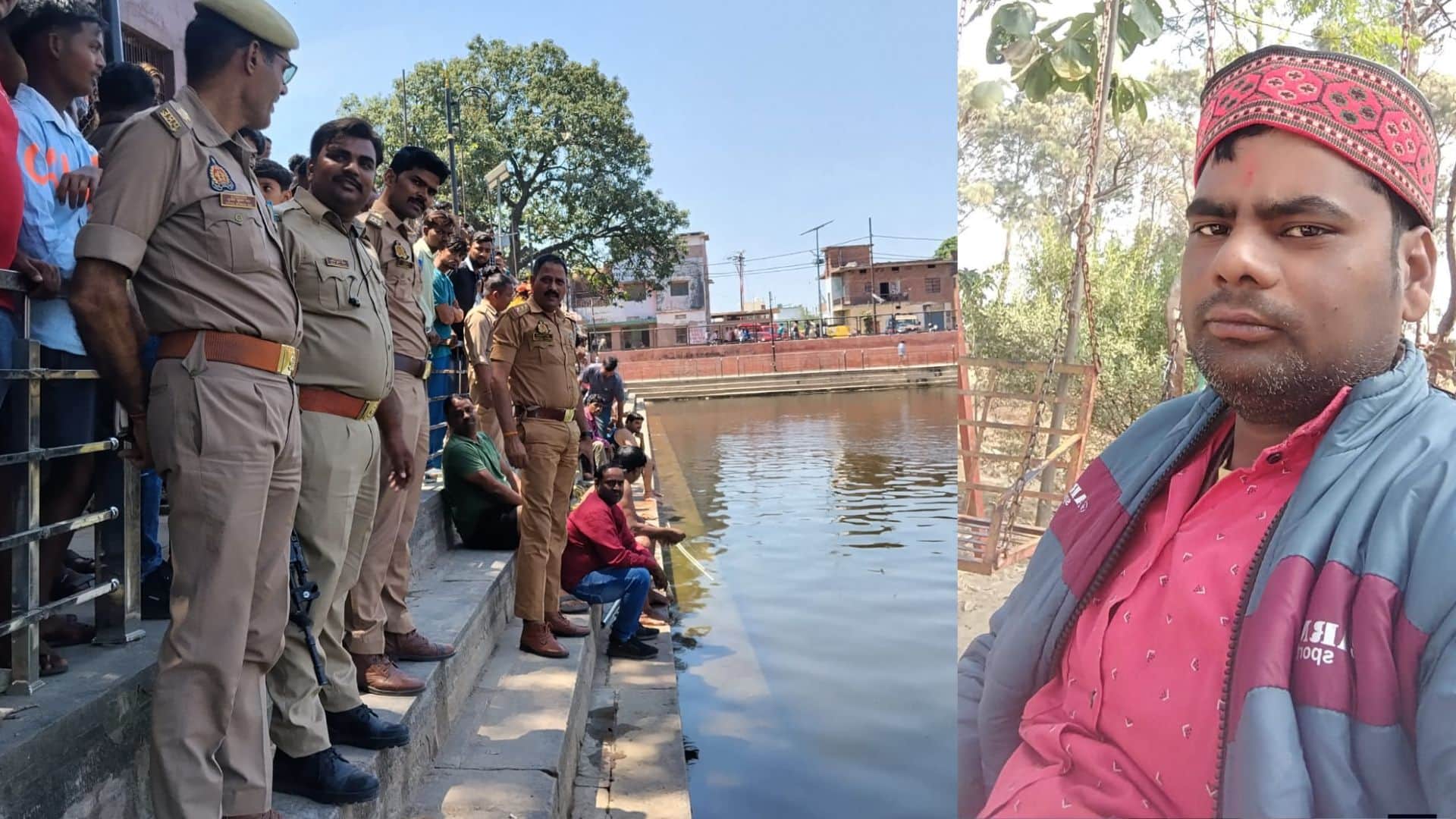 कंदवा पोखरे के पास मौजूद पुलिस व अन्य लोग और खुदकुशी करने वाले युवक की फाइल फोटो