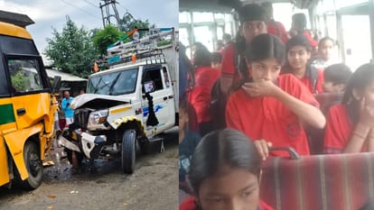 UP News School Bus and Mini-Truck Collide in Bahadurgarh of Hapur Five Children Injured