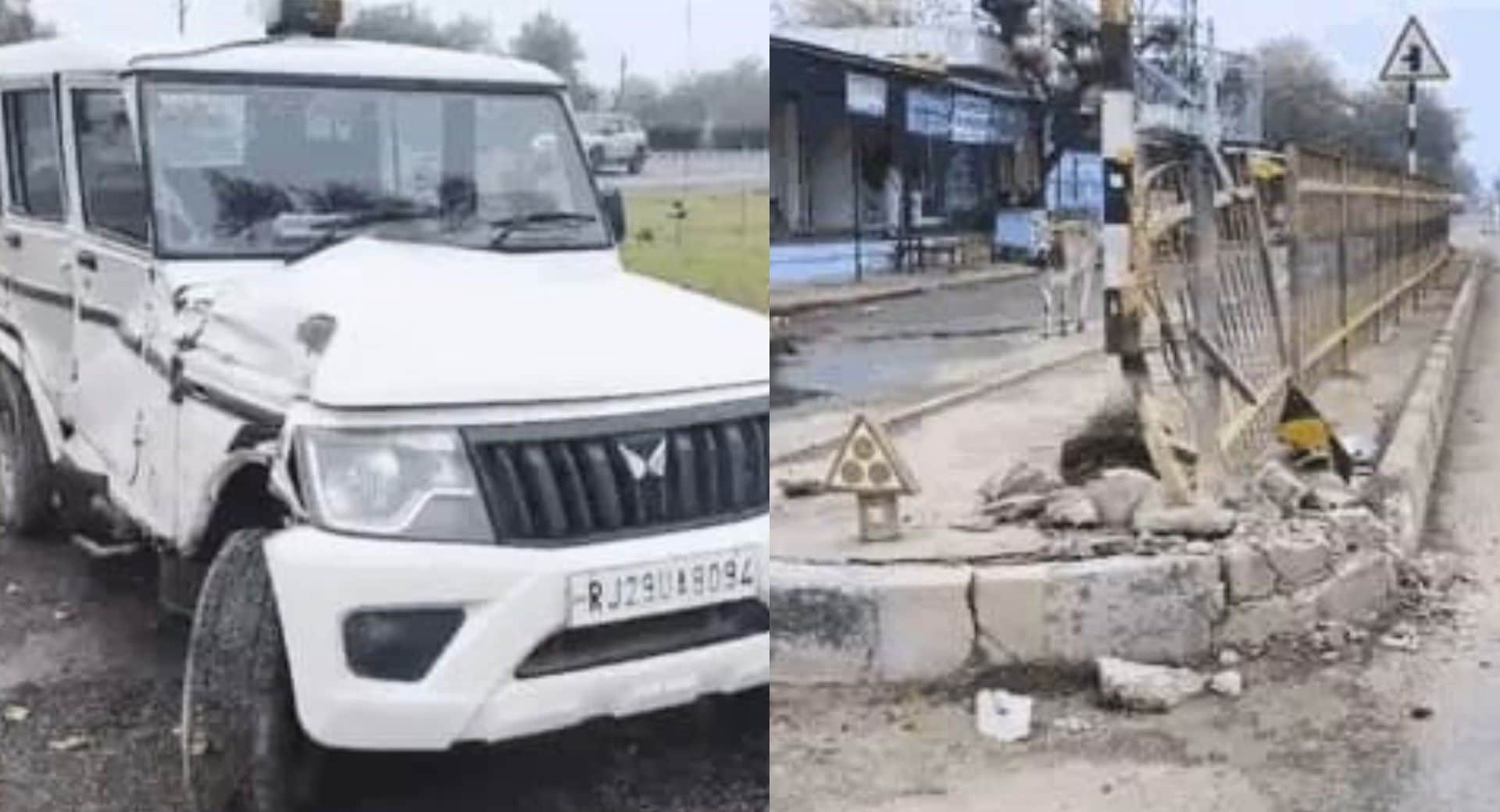 अनियंत्रित ट्रक ने पुलिस वाहन से टकराया