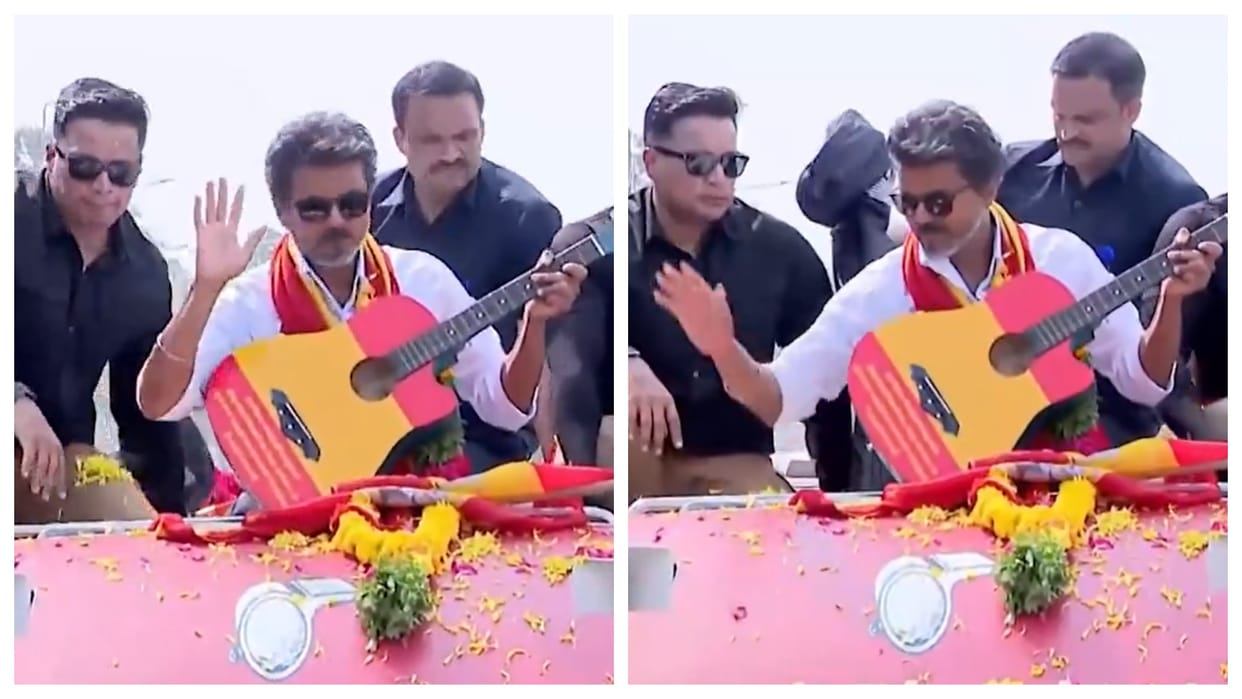 Tamil Nadu polls Supporters gift guitar to TVK leader vijay thalapathy during his roadshow in Tirunelveli