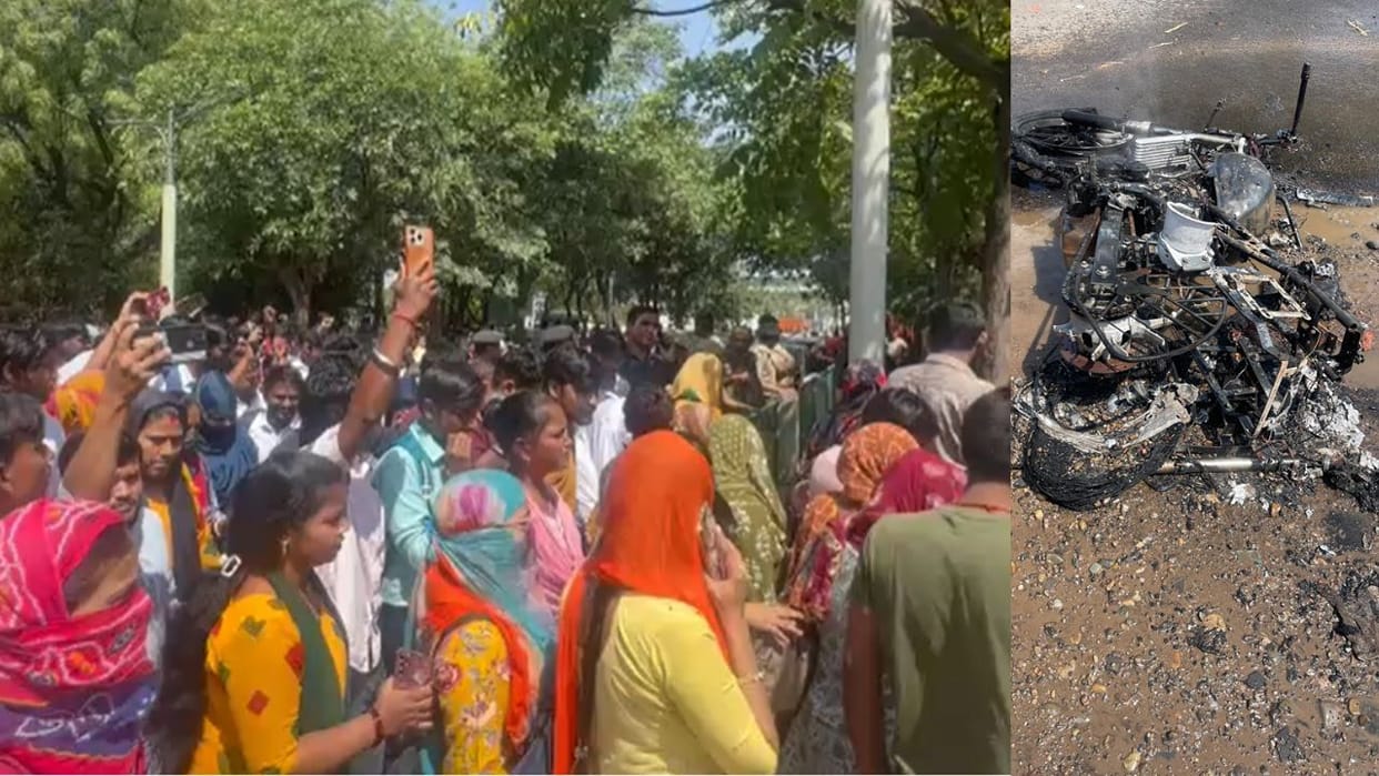 Protesting employees set bike on fire in Manseer in Gurugram
