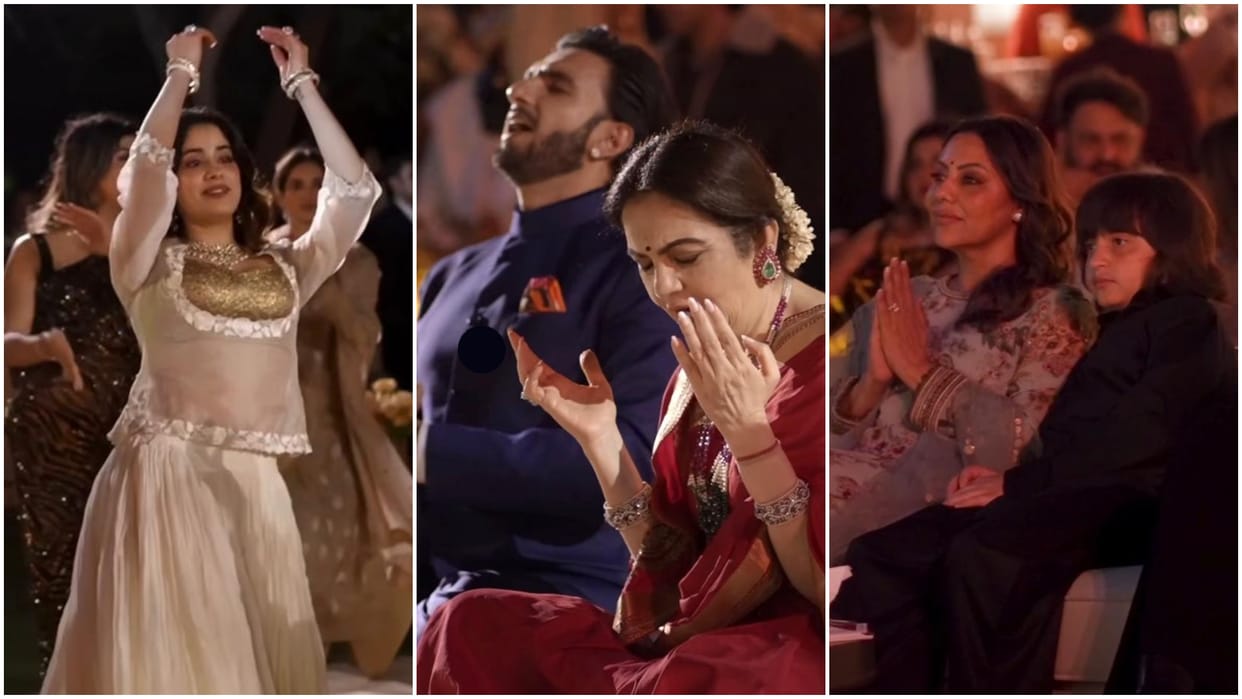 Anant Ambani Birthday Bash Ranveer Singh Gauri Khan Enjoys Bhajan Sandhya Janhvi Kapoor Performs Garba