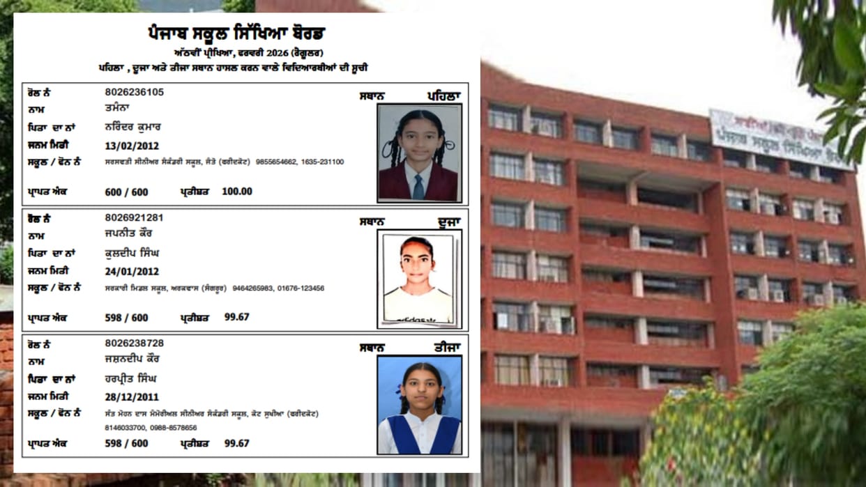 PSEB Class 8 Result 2026 Declared: Tamanna Tops with 100%, Urdu Records 100% Pass Rate