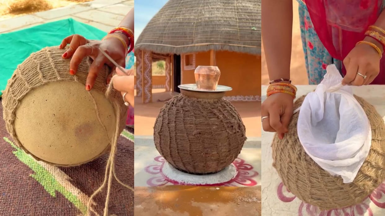 Rajasthan woman making desi fridge with Wrapping a jute rope around the pot video goes viral