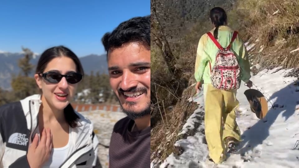 Actress Sara Ali Khan Done trekking through snowfall in valleys of Panwali Kantha Tehri Uttarakhand See Photos
