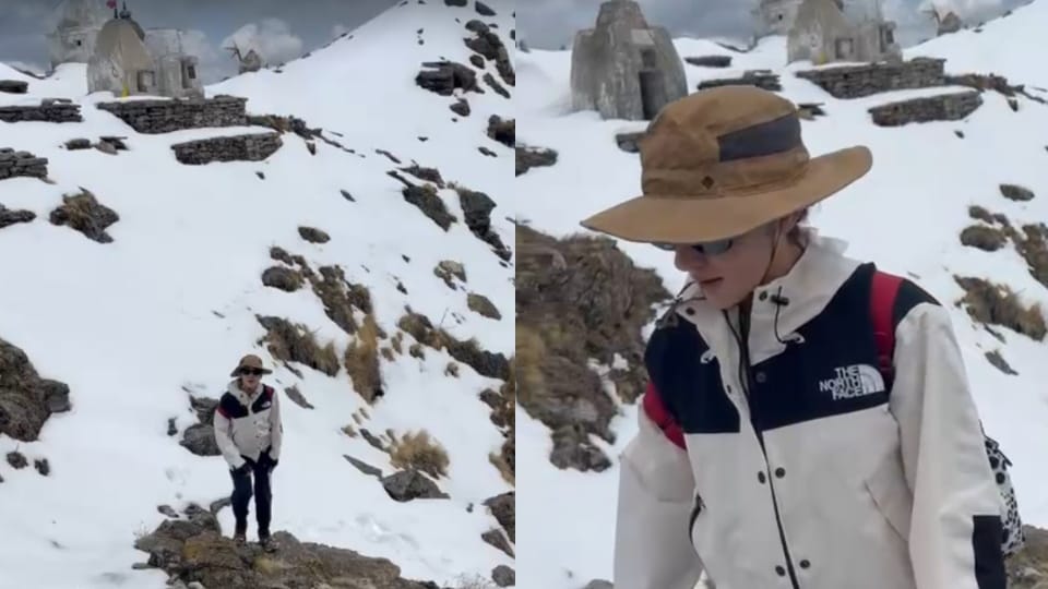 Actress Sara Ali Khan Done trekking through snowfall in valleys of Panwali Kantha Tehri Uttarakhand See Photos